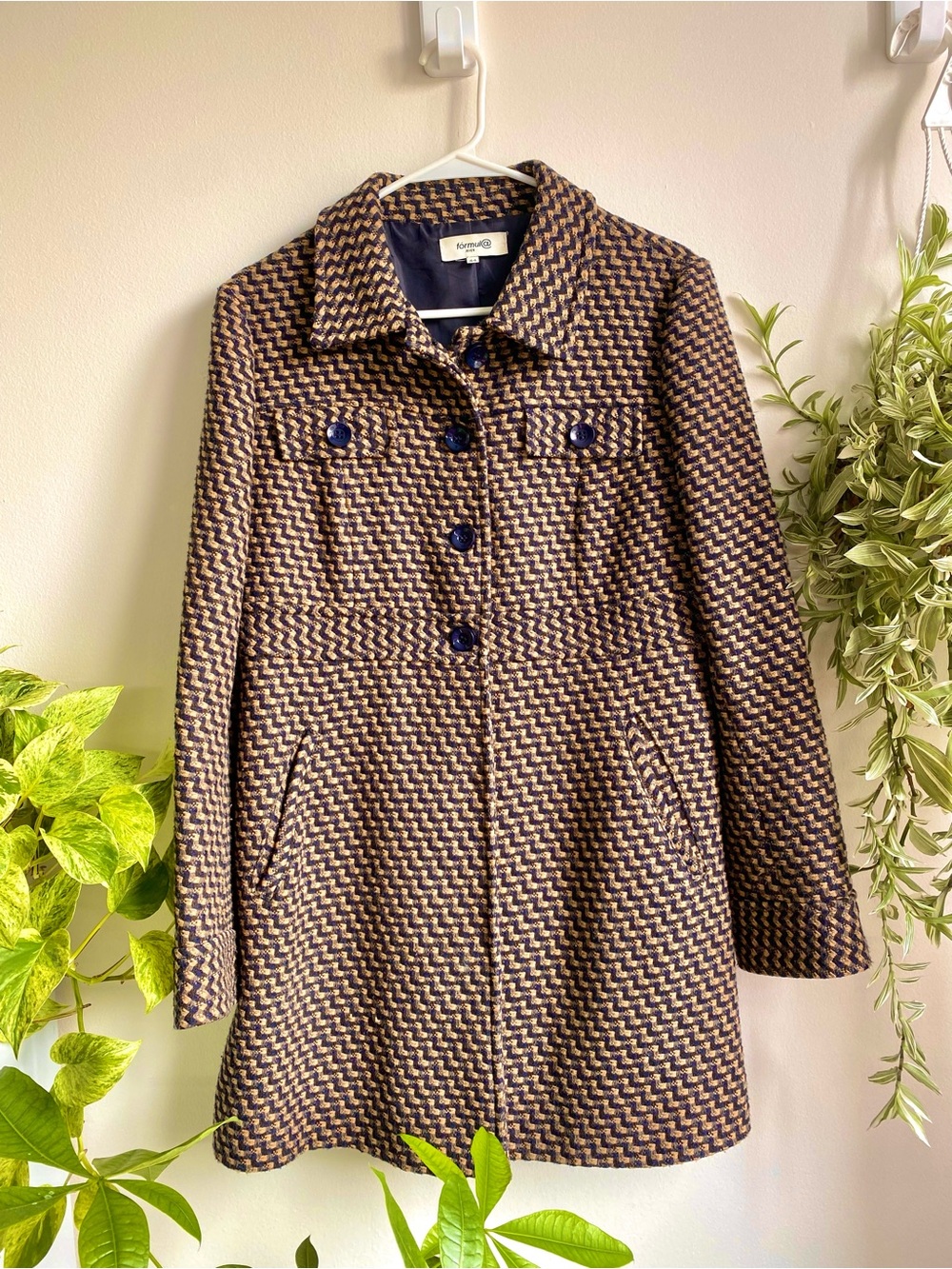 🍂 Navy & Yellow Patterned Pea Coat Fall Autumn Wool Blend Tweed Buttons Pockets